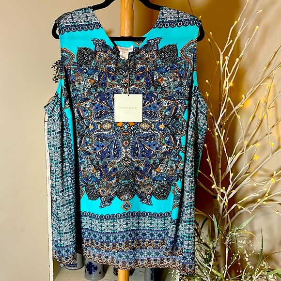 Cynthia Rowley Tops - NWT Cynthia Rowley 2X Beautiful Aqua and jewel tones, sleeveless tunic. FLOWY!
